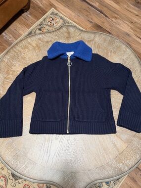 J. Crew Navy Knit Zip Cardigan with Bright Blue Collar